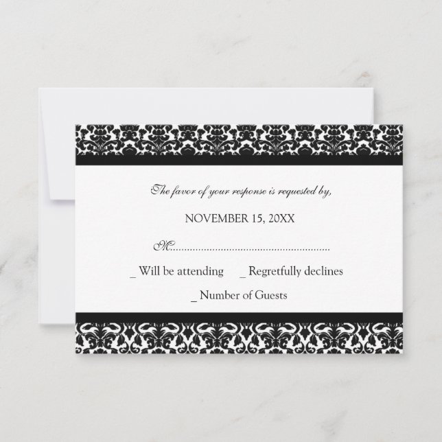 Black White Damask RSVP Wedding Card (Front)