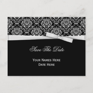 Black White Damask Silver Bow Ribbon Save The Date Announcement Postcard
