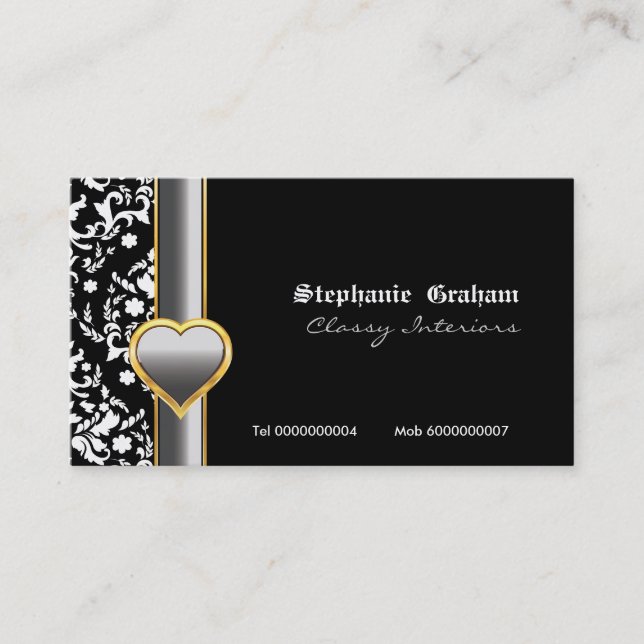 Black white damask silver grey heart business card (Front)