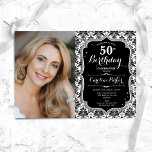 Black White Damask Silver Photo 50th Birthday Invitation<br><div class="desc">Elegant feminine 50th birthday invitation with your photo. Glam black white design with faux glitter silver. Features black and white damask pattern, script font and confetti. Perfect for a stylish adult bday celebration party. Personalise with your own details. Can be customised for any age! Printed Zazzle invitations or instant download...</div>