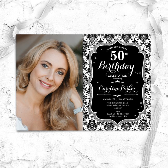 Black White Damask Silver Photo 50th Birthday Invitation (Creator Uploaded)