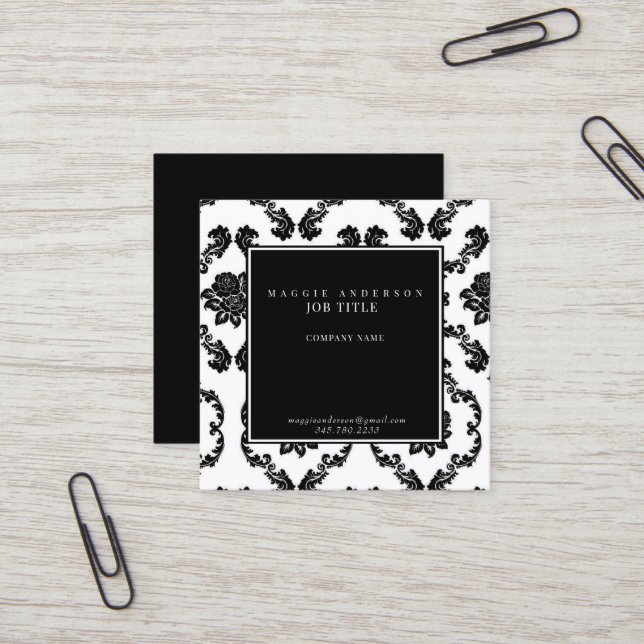 Black & White Damask Square Business Card (Front/Back In Situ)