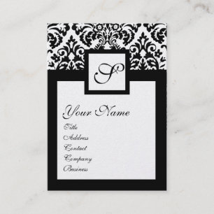 BLACK WHITE DAMASK SQUARE MONOGRAM,champagne metal Business Card