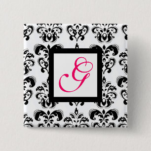 BLACK WHITE DAMASK SQUARE PINK FUCHSIA MONOGRAM 15 CM SQUARE BADGE