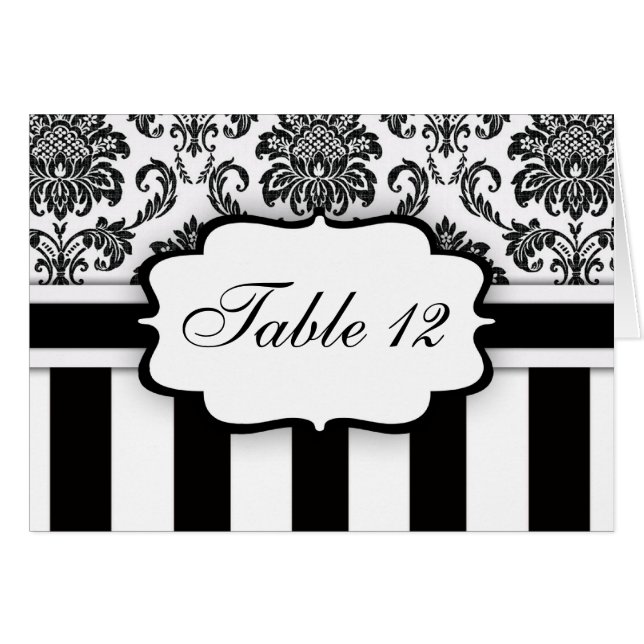 Black White Damask Stripe Table Number (Front Horizontal)