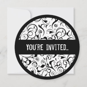 Black white damask sweet 16 circle invitations