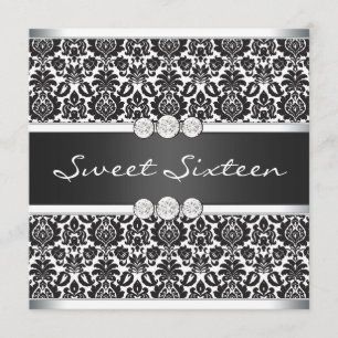 Black White Damask Sweet 16 Party Invitation