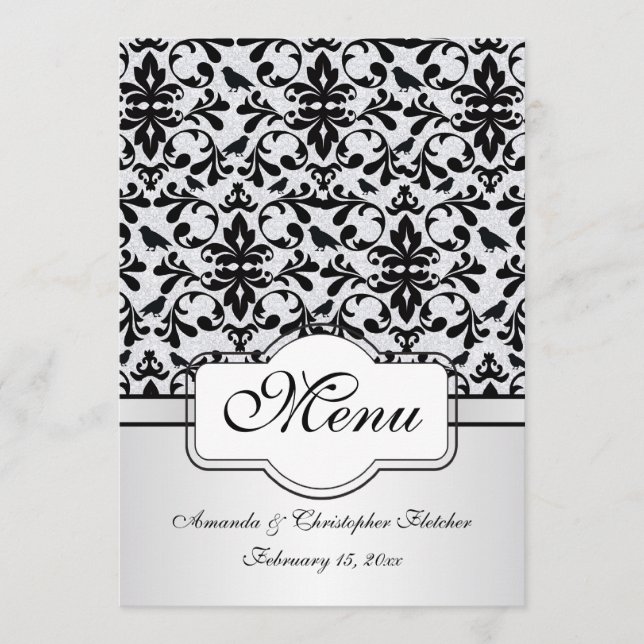 Black white damask swirls, birds Menu Invitation (Front)