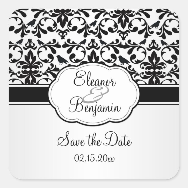 Black white damask swirls, birds Save the Date Square Sticker (Front)