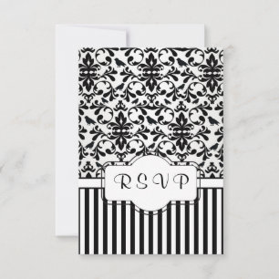 Black white Damask swirls, birds, stripes RSVP