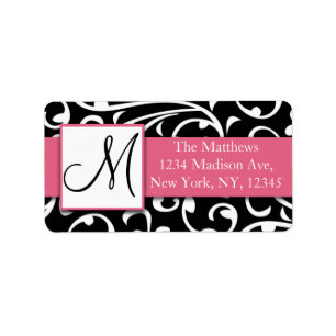 Black White Damask Swirls Pink Address Label