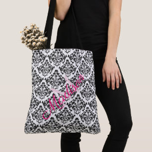 Black White Damask Trendy Cute Girly Name Monogram Tote Bag