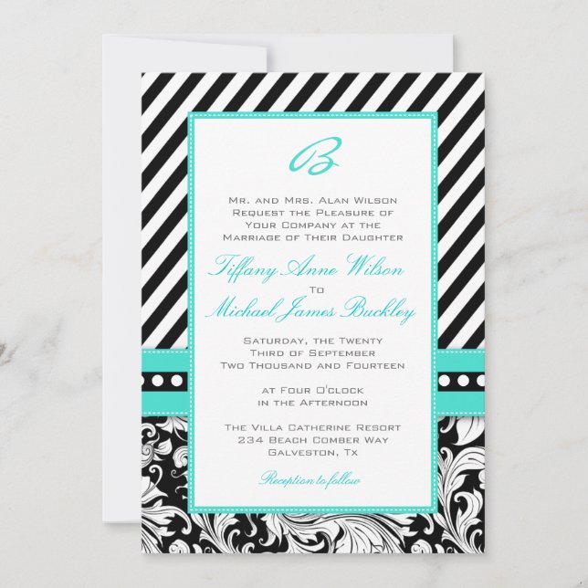 Black white damask turquoise wedding invitation (Front)