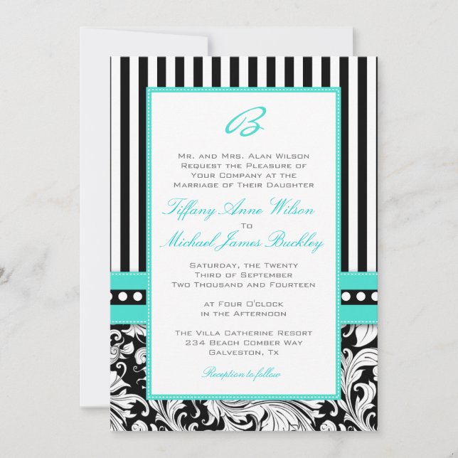 Black white damask turquoise wedding invitation (Front)