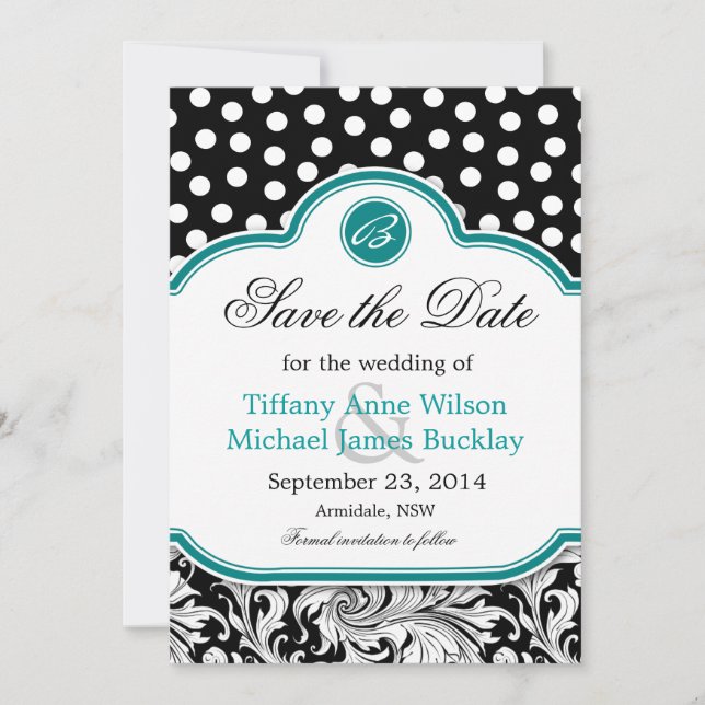 Black white damask turquoise wedding save the date (Front)