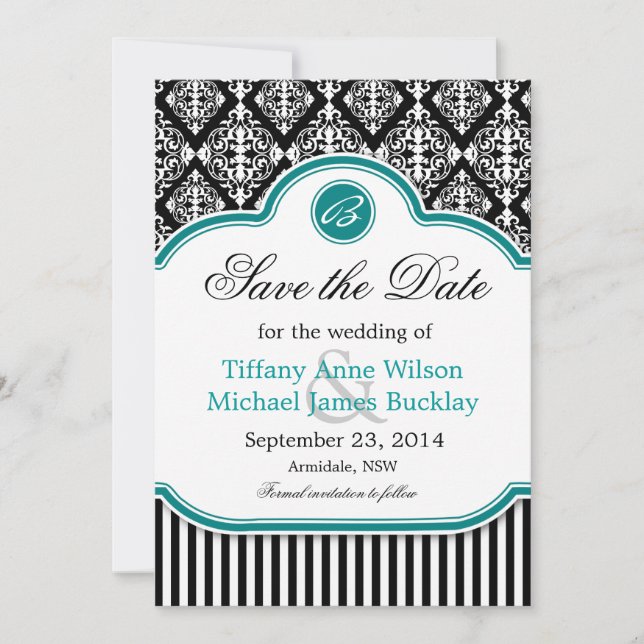 Black white damask turquoise wedding save the date (Front)