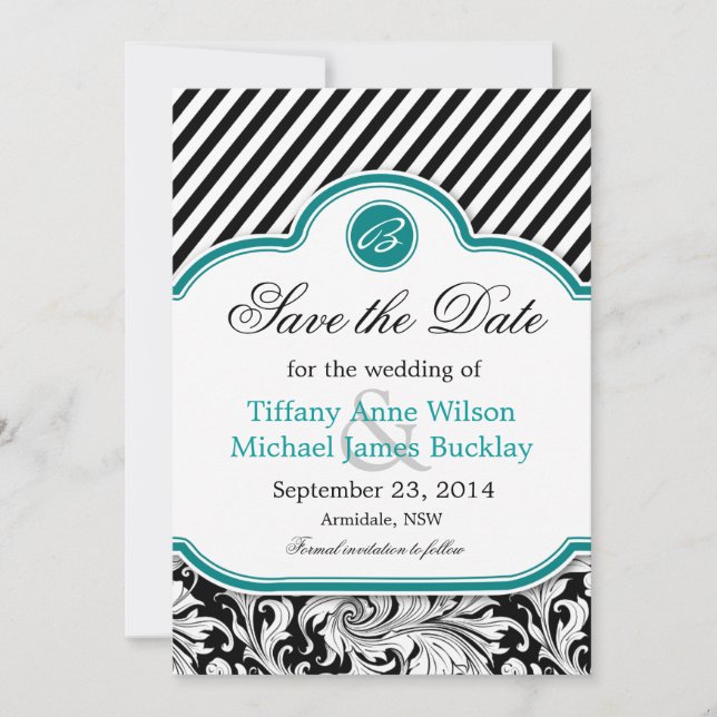 Black white damask turquoise wedding save the date (Front)