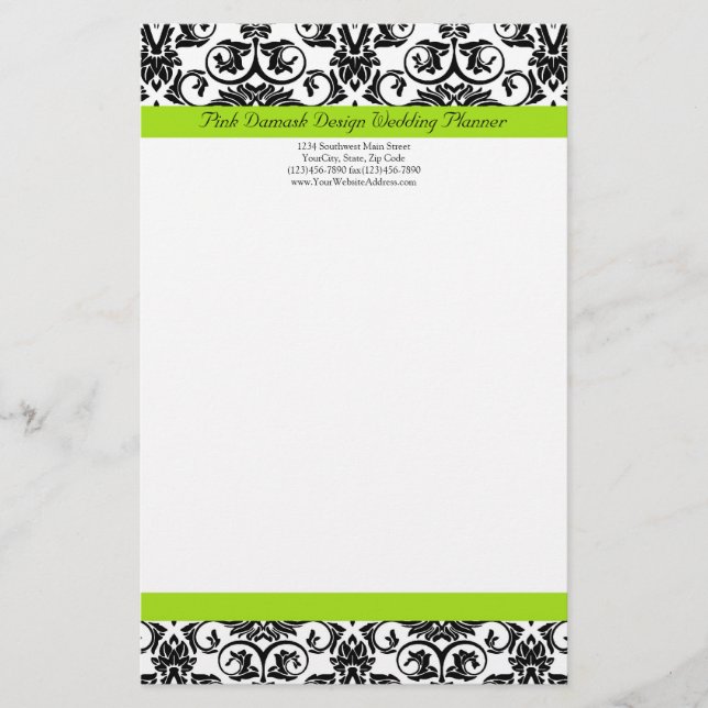 Black/White Damask w/Chartreuse Green Accent Strip Stationery (Front)