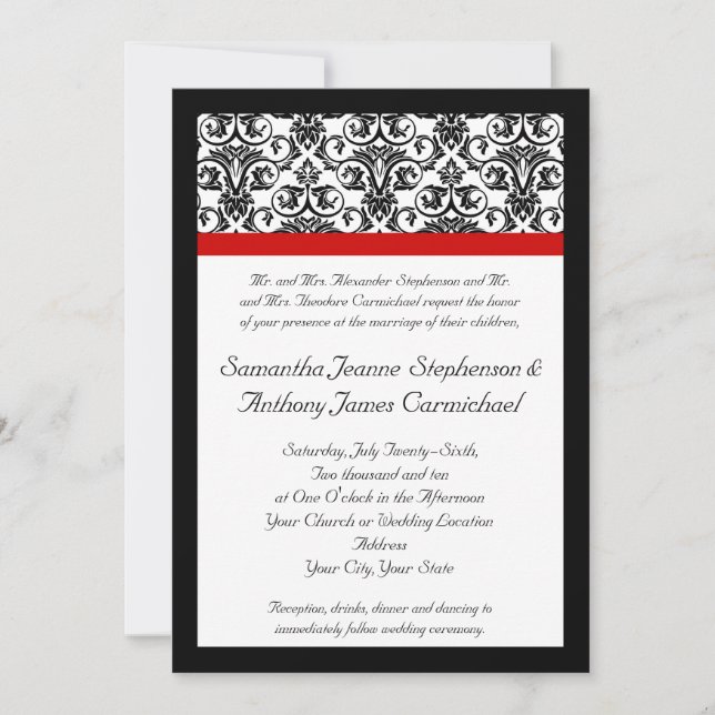 Black/White Damask w/ Ravishing Red Accent Invitation (Front)