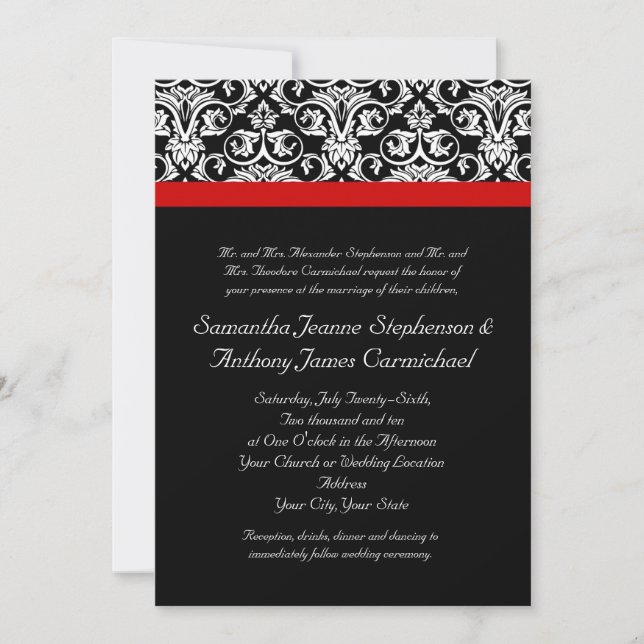 Black/White Damask w/ Ravishing Red Accent Invitation (Front)
