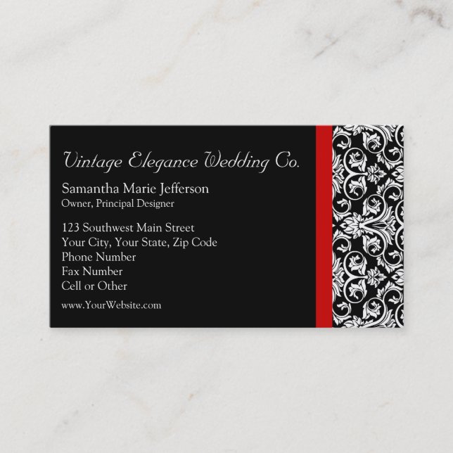 Black/White Damask w/ Red Accent Fashion Business Business Card (Front)