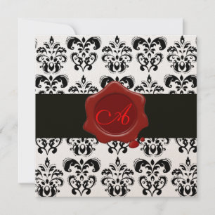BLACK & WHITE DAMASK,WAX SEAL MONOGRAM champagne Invitation
