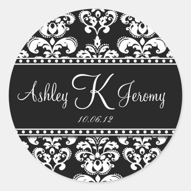 Black White Damask Wedding Favour Labels (Front)