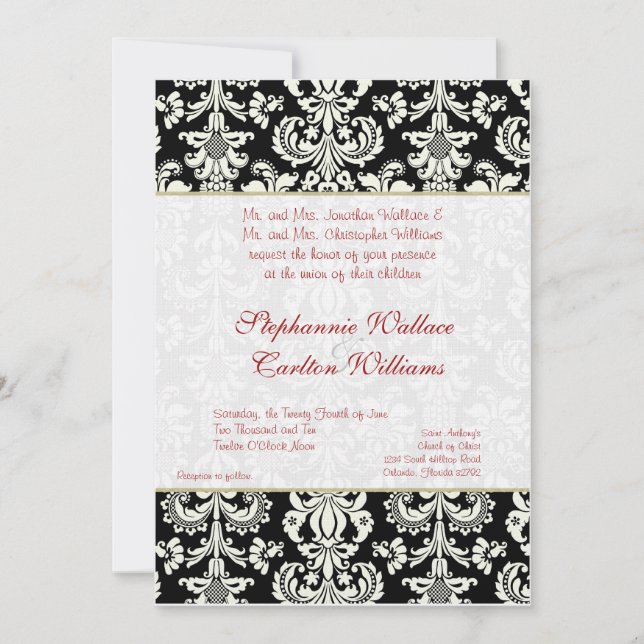Black/White Damask Wedding Invitation (Front)