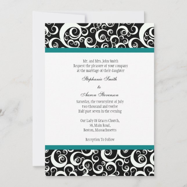 Black & White Damask Wedding Invitation with Teal (Front)
