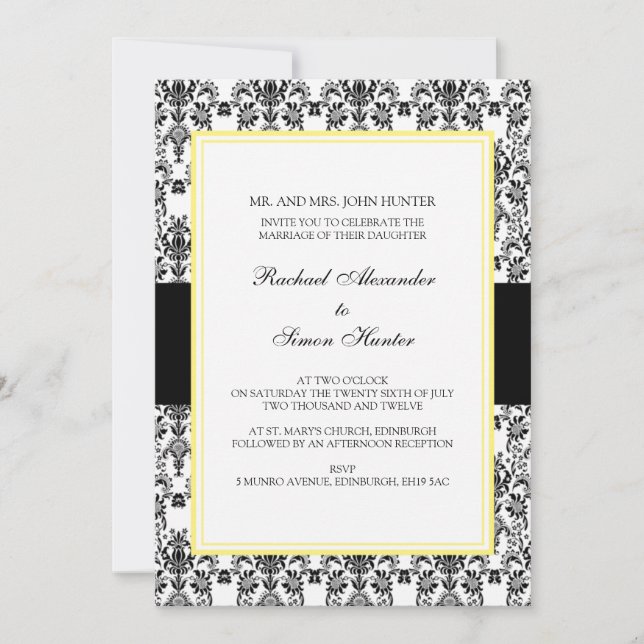 Black & White Damask Wedding Invitation-yellow 2 Invitation (Front)