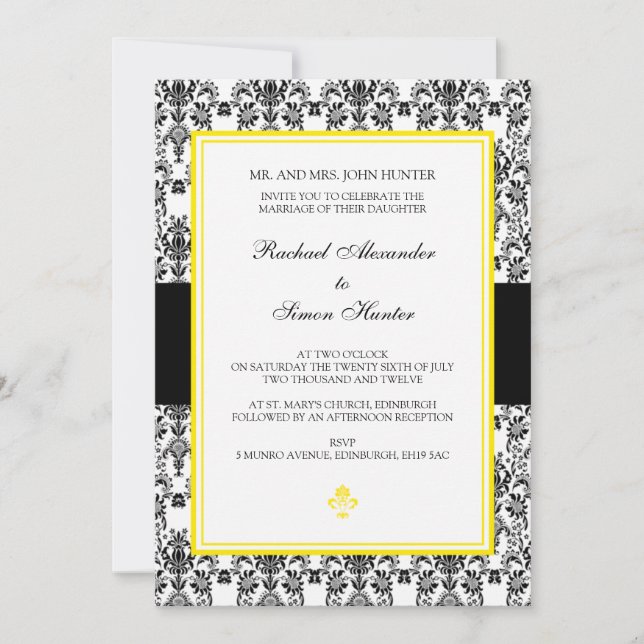 Black & White Damask Wedding Invitation- yellow Invitation (Front)