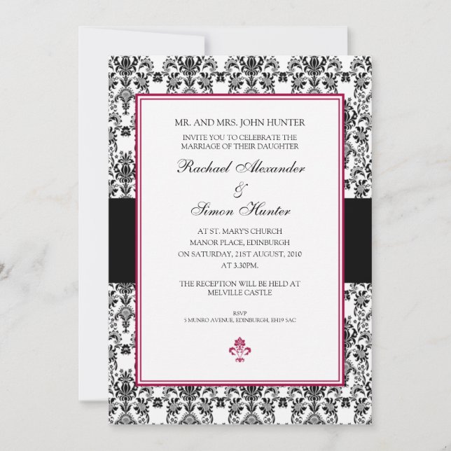 Black & White Damask Wedding Invitiation Invitation (Front)