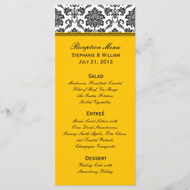 Black & White Damask Wedding Menu Rack Card (Front)
