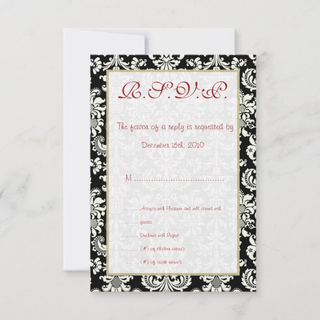 Black/White Damask Wedding RSVP Card (Front)