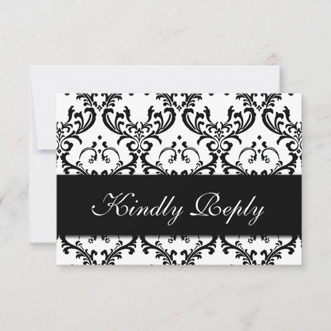 Black White Damask Wedding RSVP Card (Front)