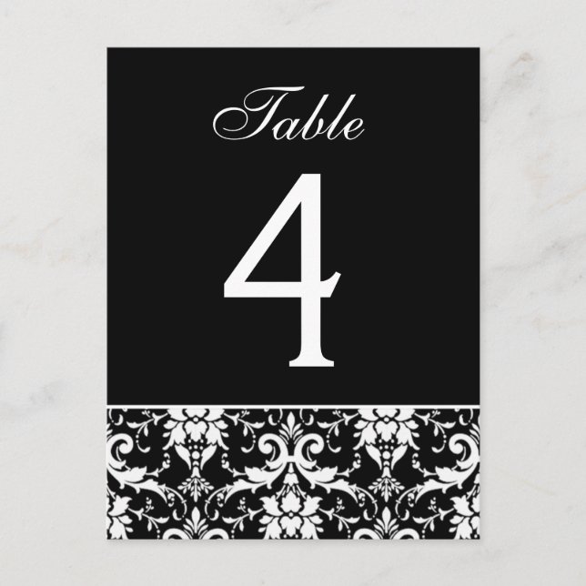 Black White Damask Wedding Table Number Card (Front)