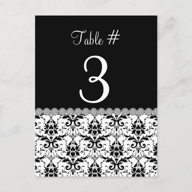 Black & White Damask Wedding Table Number Card (Front)