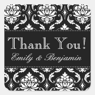 Black White Damask Wedding Thank You Sticker