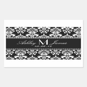 Black White Damask Wedding Wine Label