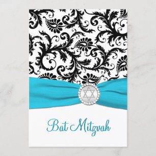 Black, White Damask with Aqua PRINTED RIBBON Invitation