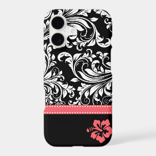 Black & White Damask with Coral Hibiscus flower