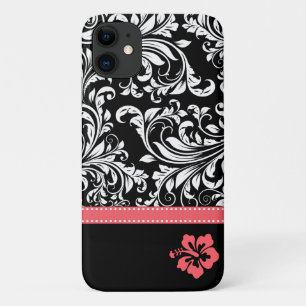 Black & White Damask with Coral Hibiscus flower Case-Mate iPhone Case