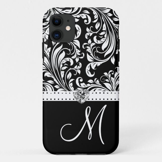 Black & White Damask with Diamond Heart & Monogram Case-Mate iPhone Case (Back)