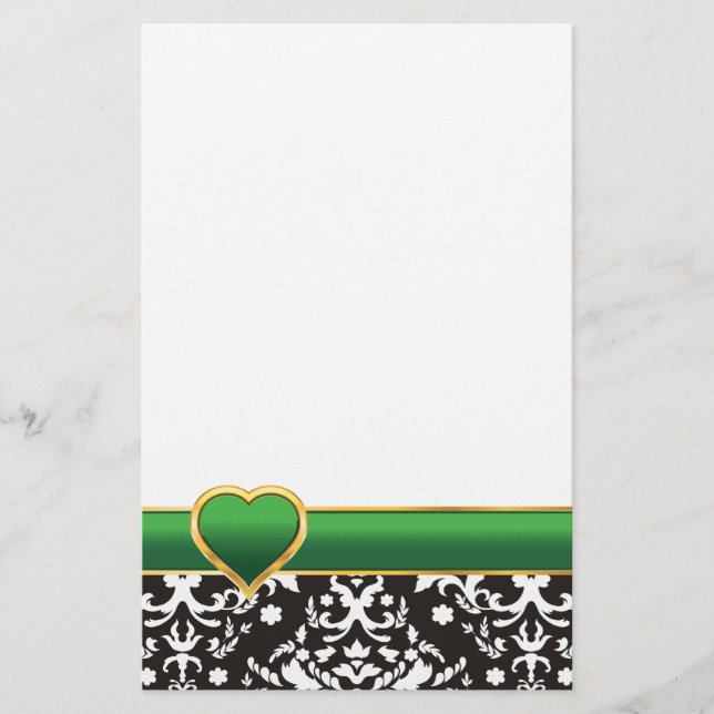 Black white damask with green band and heart stationery (Front)
