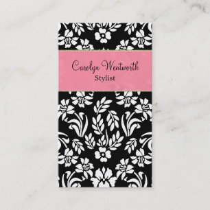 Black White Damask with Pink Business Card