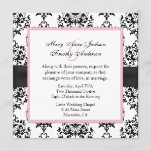 Black & White Damask with Pink Wedding Invitation