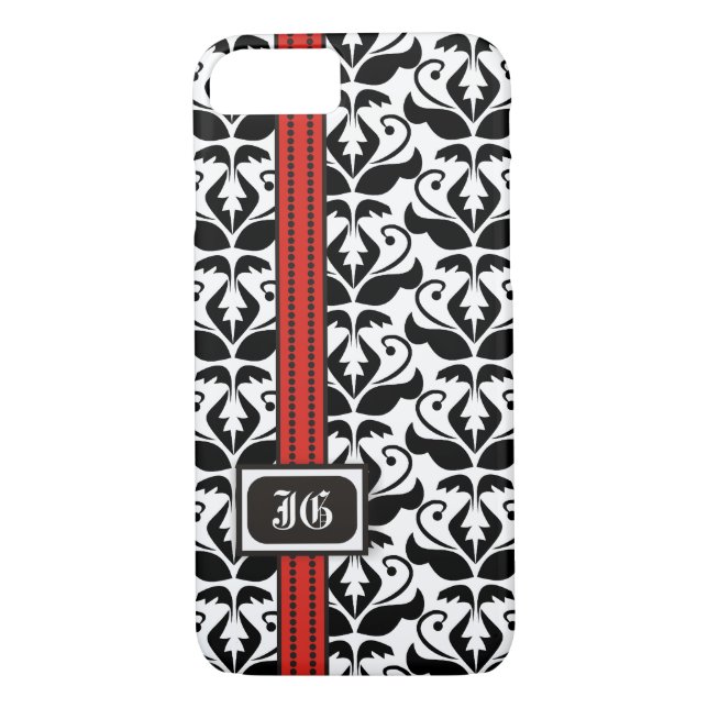 Black white damask with red band and monogram Case-Mate iPhone case (Back)
