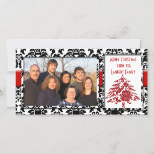 Black & White Damask With Red Tree Merry Christmas Holiday Card