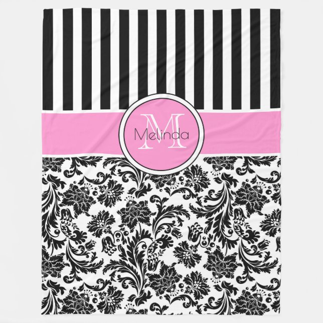Black & White Damasks & Stripes Monogram Fleece Blanket (Front)