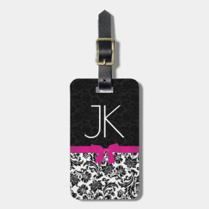 Black & White Damasks With Pink Ribbon Luggage Tag